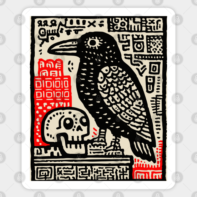 Gothic Raven and Skull - Dark Academia Linocut Print Sticker by TuncGK